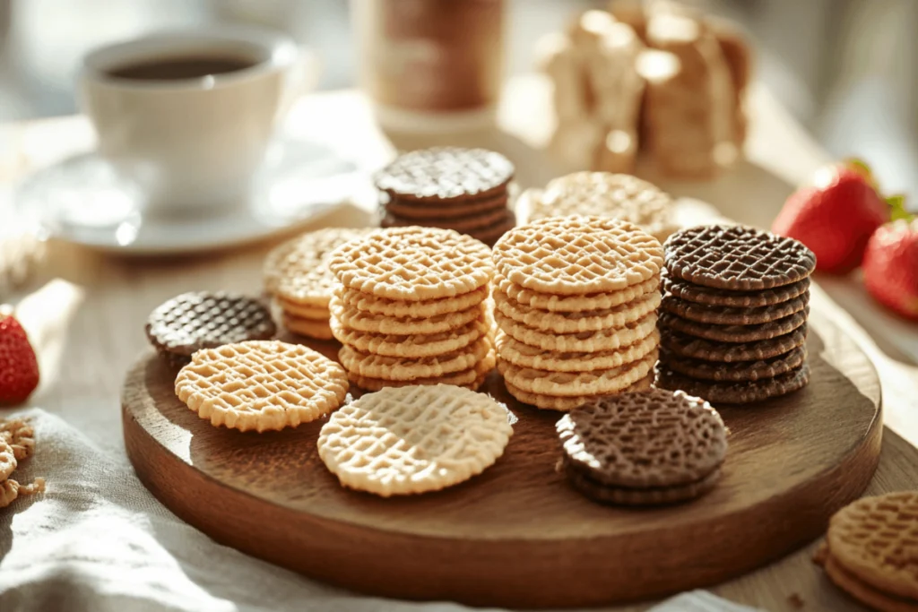 An assortment of wafer cookies in chocolate, vanilla, and strawberry flavors arranged on a wooden platter with a cup of coffee in the background.