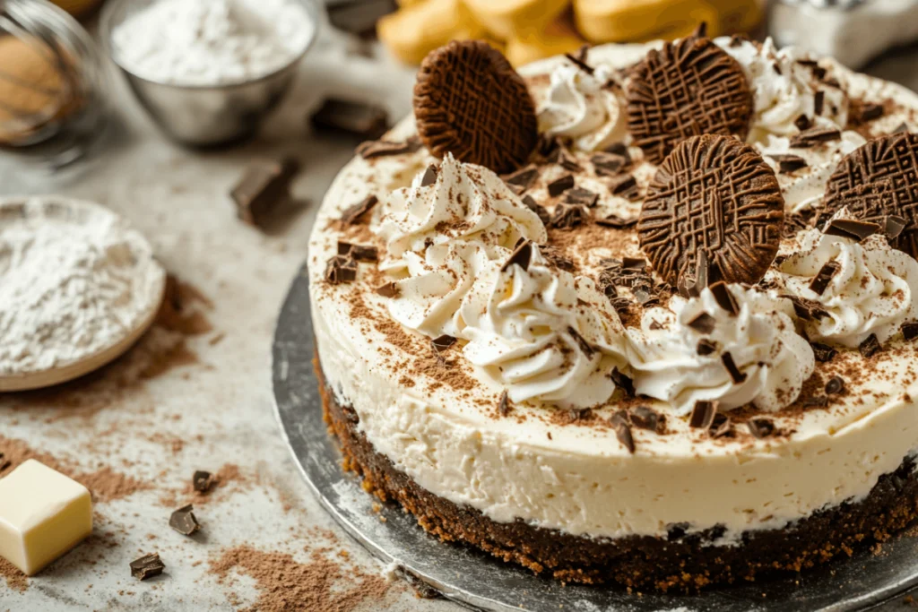 A cheesecake with a wafer cookie crust, topped with whipped cream and whole wafer cookies as decoration.