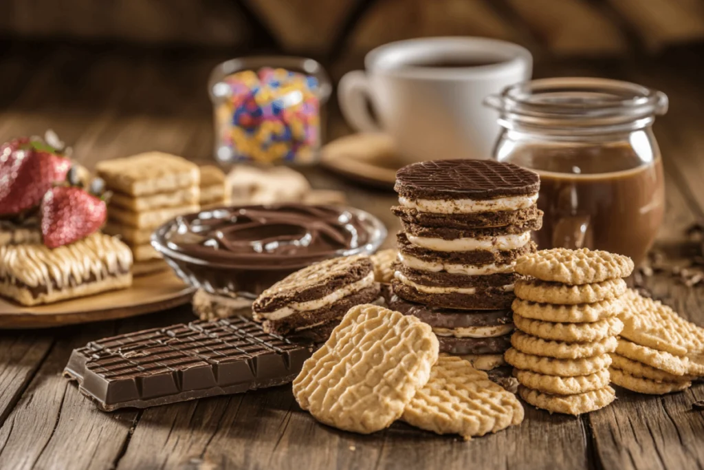 A beautifully arranged assortment of wafer cookies in different flavors on a rustic wooden table, with coffee and chocolate in the background.