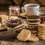 A beautifully arranged assortment of wafer cookies in different flavors on a rustic wooden table, with coffee and chocolate in the background.