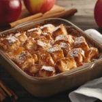 A freshly baked New Orleans bread pudding drizzled with bourbon sauce, garnished with powdered sugar and cinnamon sticks on a rustic countertop.