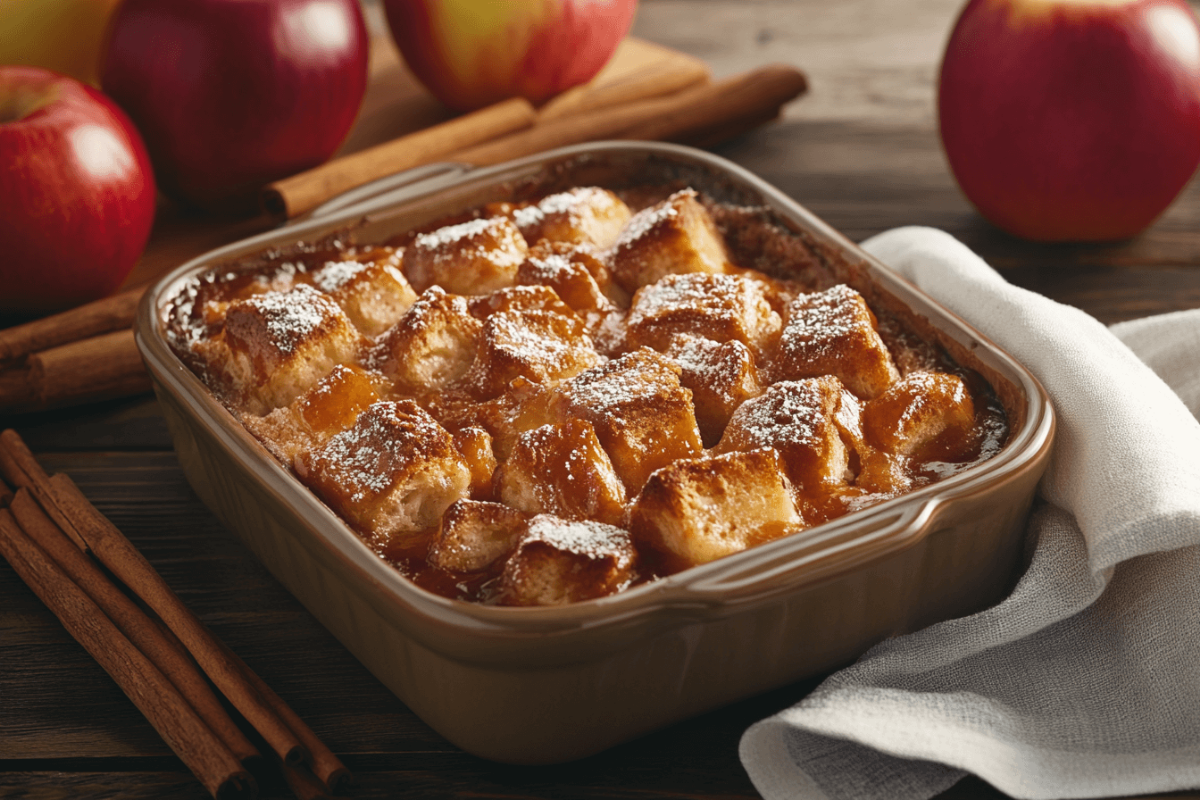 A freshly baked New Orleans bread pudding drizzled with bourbon sauce, garnished with powdered sugar and cinnamon sticks on a rustic countertop.