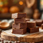 Glossy chocolate fudge squares neatly arranged on a wooden cutting board in a cozy kitchen setting.