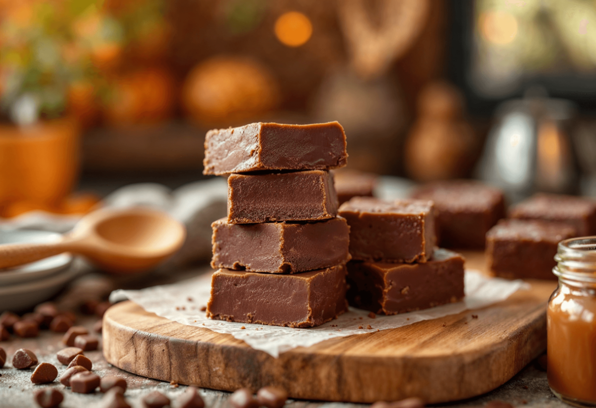 Glossy chocolate fudge squares neatly arranged on a wooden cutting board in a cozy kitchen setting.