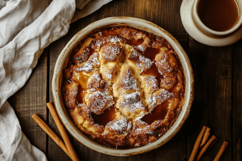 Freshly baked sourdough bread pudding in a ceramic dish, topped with caramel sauce and powdered sugar on a rustic countertop.