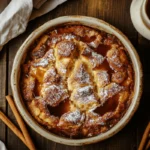 Freshly baked sourdough bread pudding in a ceramic dish, topped with caramel sauce and powdered sugar on a rustic countertop.