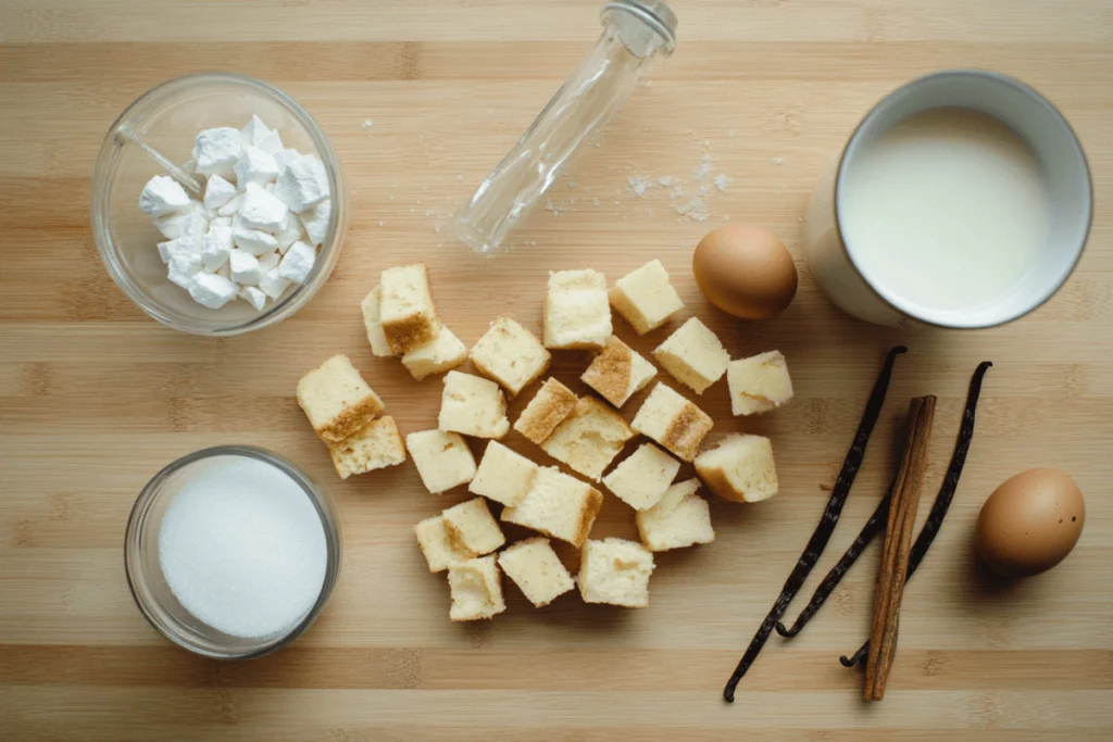 Ingredients for sourdough bread pudding, including bread cubes, eggs, milk, and cinnamon sticks, neatly displayed on a wooden countertop.