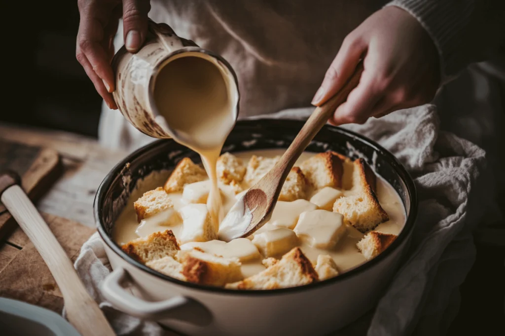 Hands pouring custard over cubed sourdough bread in a ceramic baking dish during the preparation process.