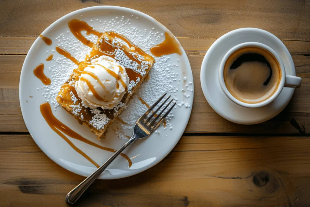 A plated slice of sourdough bread pudding topped with vanilla ice cream, caramel drizzle, and powdered sugar, served with a cup of coffee.