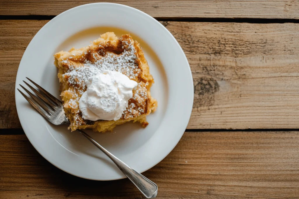  A slice of applesauce bread pudding on a white plate, topped with whipped cream and powdered sugar, with a fork beside it.