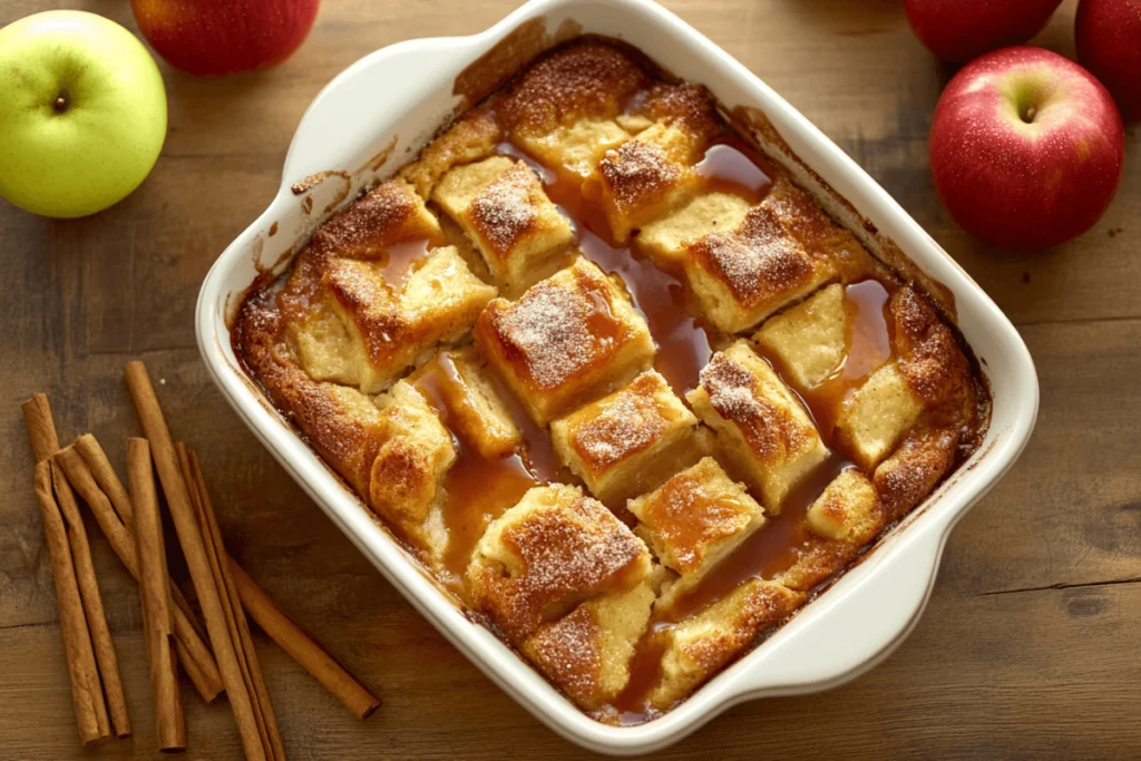 Freshly baked applesauce bread pudding in a rustic baking dish with caramel drizzle, cinnamon sticks, and apples on a wooden kitchen counter.