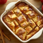 Freshly baked applesauce bread pudding in a rustic baking dish with caramel drizzle, cinnamon sticks, and apples on a wooden kitchen counter.