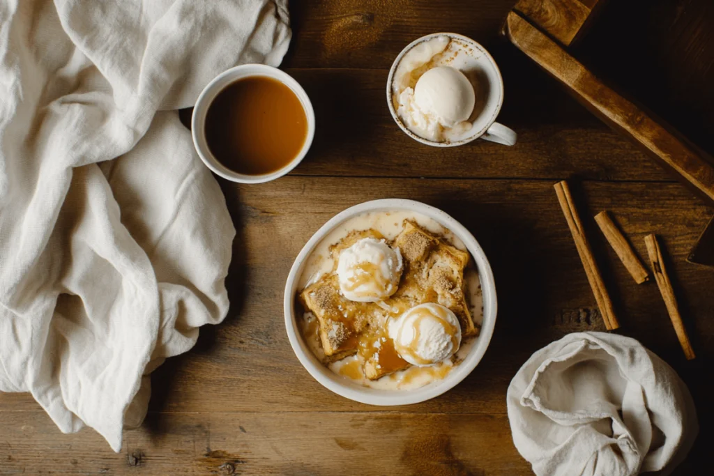 Applesauce bread pudding served with vanilla ice cream, caramel sauce, and a cup of chai tea on a wooden dining table.