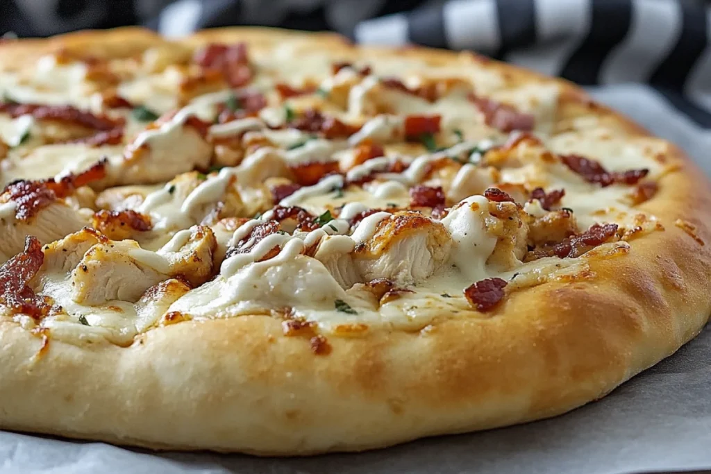 Close-Up of Chicken Bacon Ranch Pizza Topped with Crispy Bacon and Creamy Ranch Drizzle