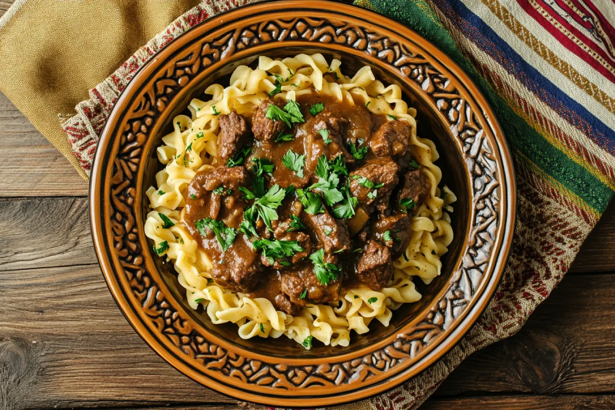 Crockpot Beef Tips Served Over Egg Noodles