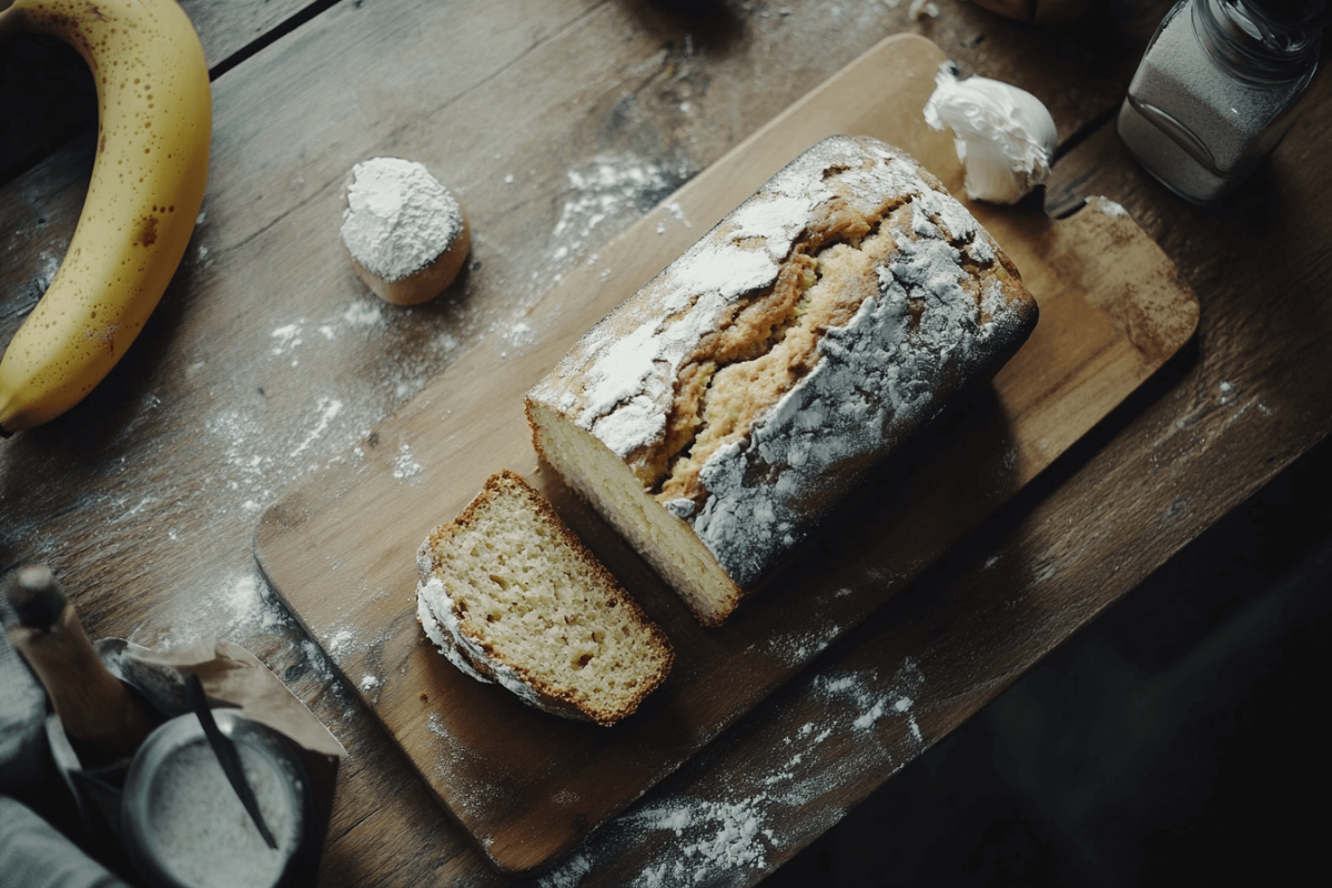 A freshly baked banana bread loaf sliced neatly on a wooden cutting board, surrounded by ripe bananas and a light dusting of flour.