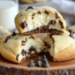 Freshly baked Chocolate Chip Cheesecake Cookies with creamy cheesecake filling and chocolate chips.