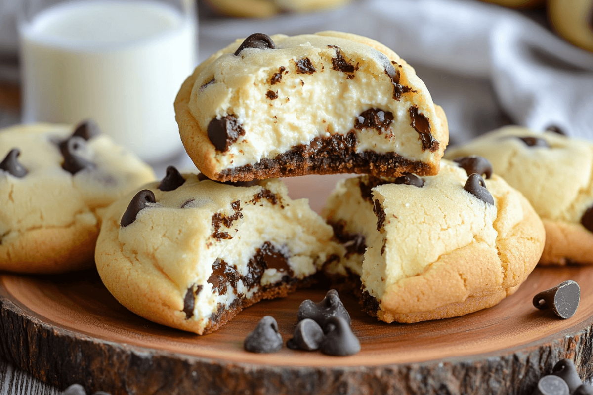 Freshly baked Chocolate Chip Cheesecake Cookies with creamy cheesecake filling and chocolate chips.