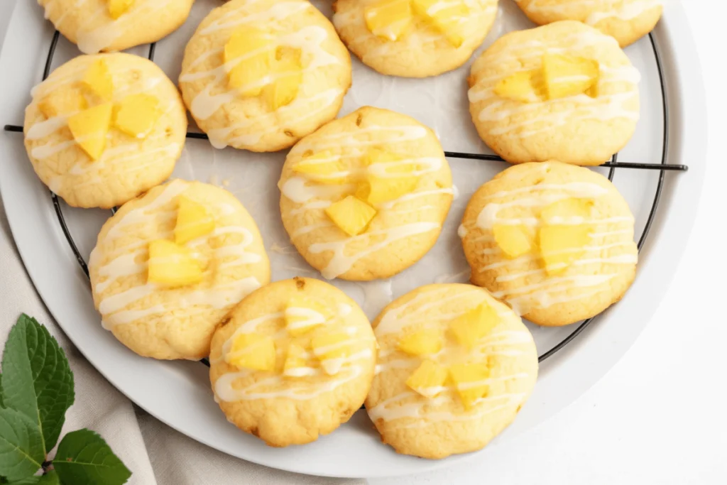 A plate of freshly baked pineapple cookies with pineapple slices and mint leaves on a white serving platter.