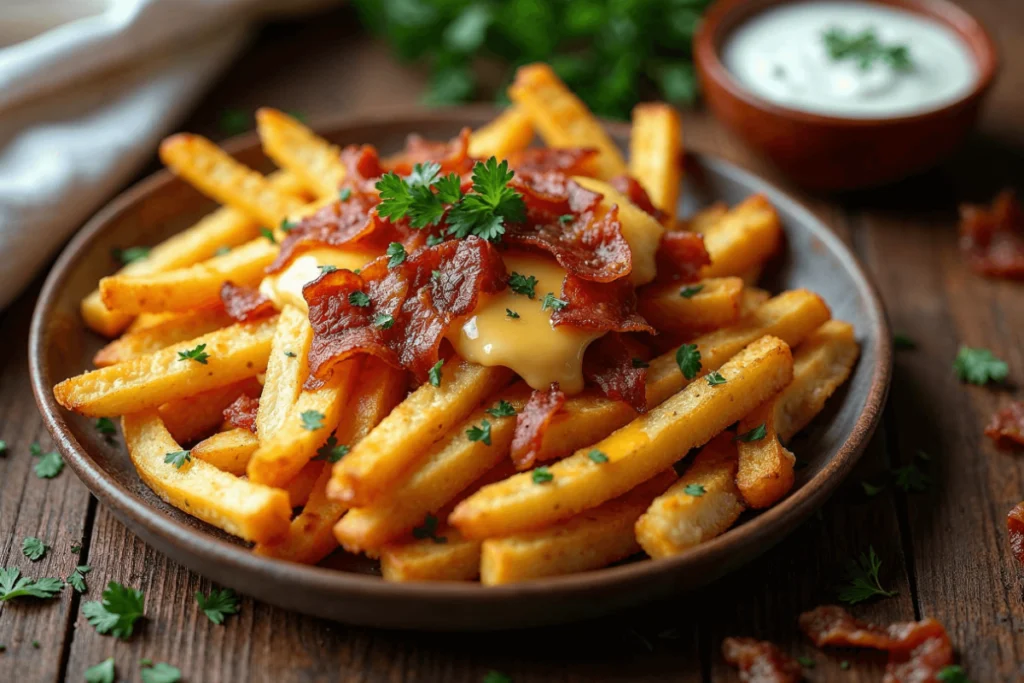 Crispy fries topped with melted cheese, smoky bacon bits, and fresh parsley served with a side of ranch dressing.