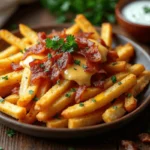 Crispy fries topped with melted cheese, smoky bacon bits, and fresh parsley served with a side of ranch dressing.