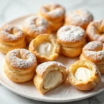 Golden mini cream puffs dusted with powdered sugar, showing creamy whipped filling on a white serving platter.