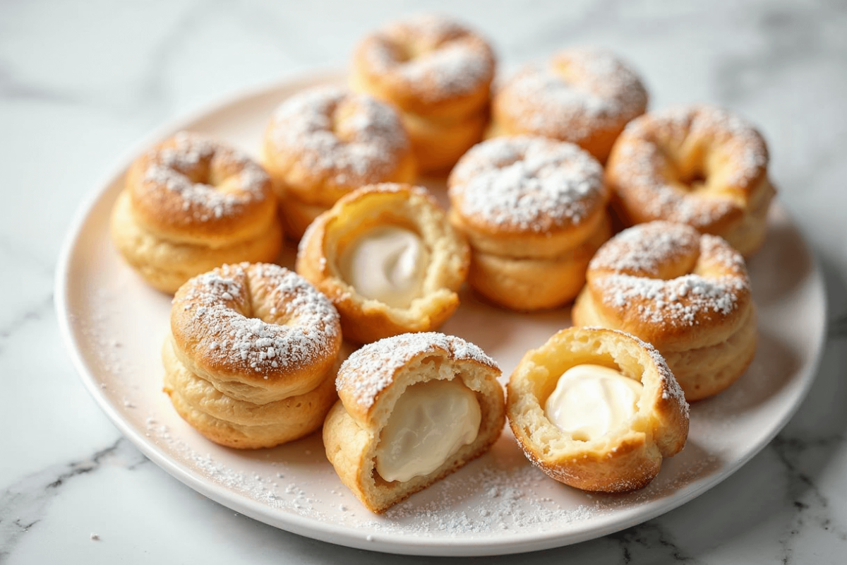 Golden mini cream puffs dusted with powdered sugar, showing creamy whipped filling on a white serving platter.