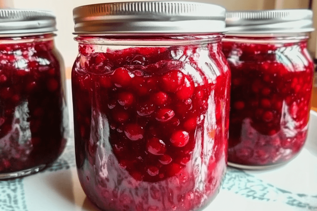 Three glass jars filled with vibrant homemade cranberry jam, sealed with silver lids, showcasing plump cranberries in a rich, glossy texture.