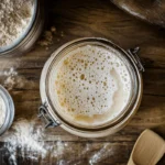 A bubbling homemade yeast starter in a glass jar with flour and a wooden spoon on a rustic kitchen countertop.