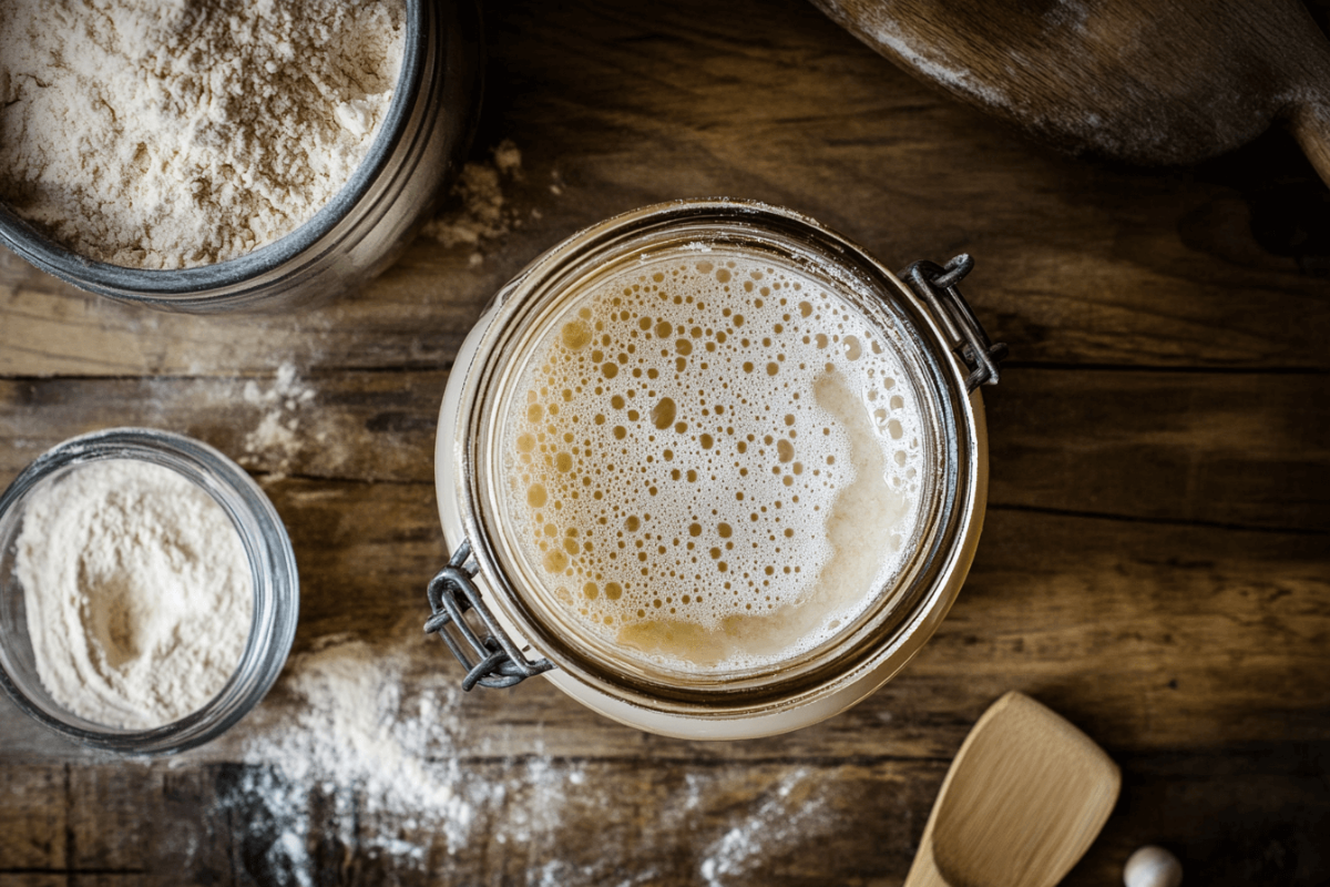 A bubbling homemade yeast starter in a glass jar with flour and a wooden spoon on a rustic kitchen countertop.