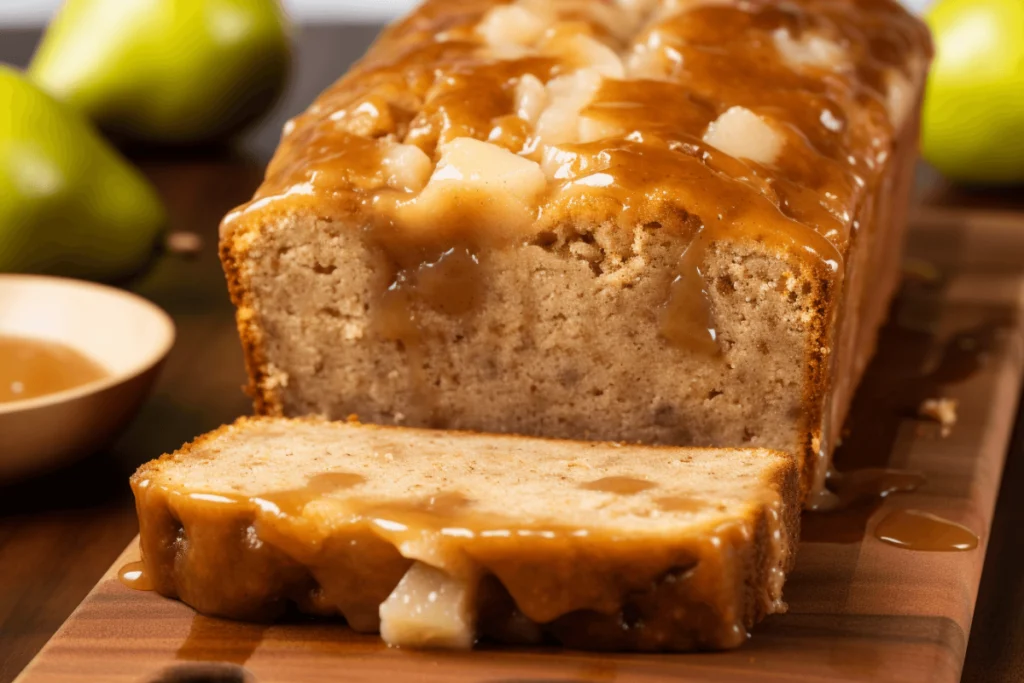 Close-up of a freshly baked pear bread loaf with a caramel glaze, sliced to reveal a soft, moist texture and chunks of fresh pear.