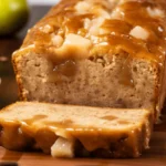 Close-up of a freshly baked pear bread loaf with a caramel glaze, sliced to reveal a soft, moist texture and chunks of fresh pear.