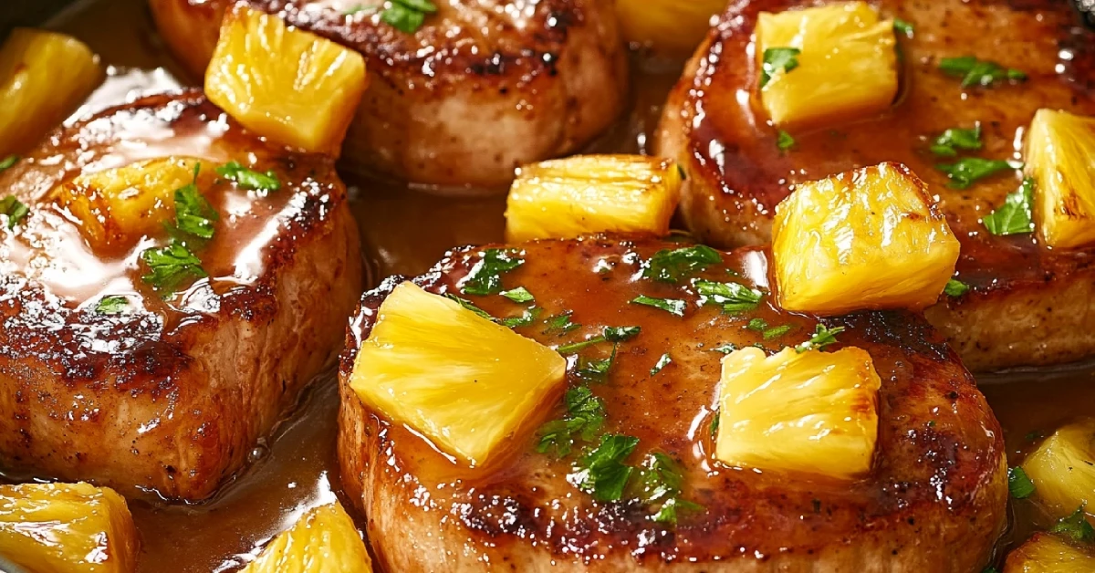 Smoked Pork Chops with Pineapple in a Skillet