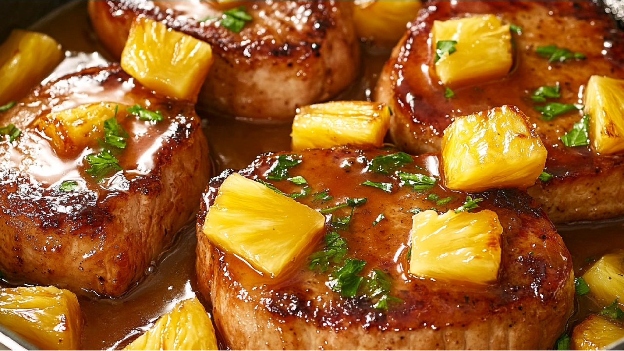 Smoked Pork Chops with Pineapple in a Skillet