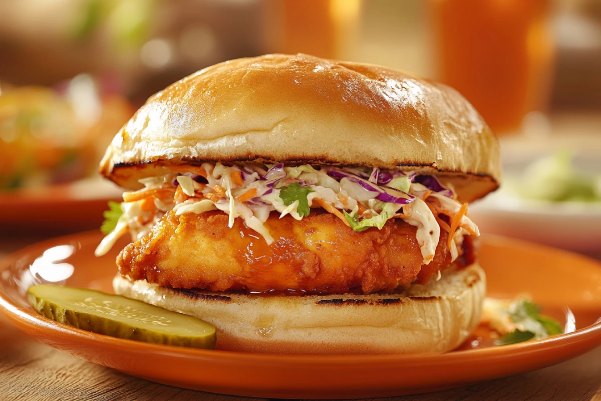 Hot Honey Chicken Sandwich with Pickles and Coleslaw