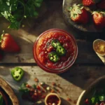 A jar of strawberry jalapeño jam surrounded by fresh strawberries and jalapeños on a rustic wooden table.