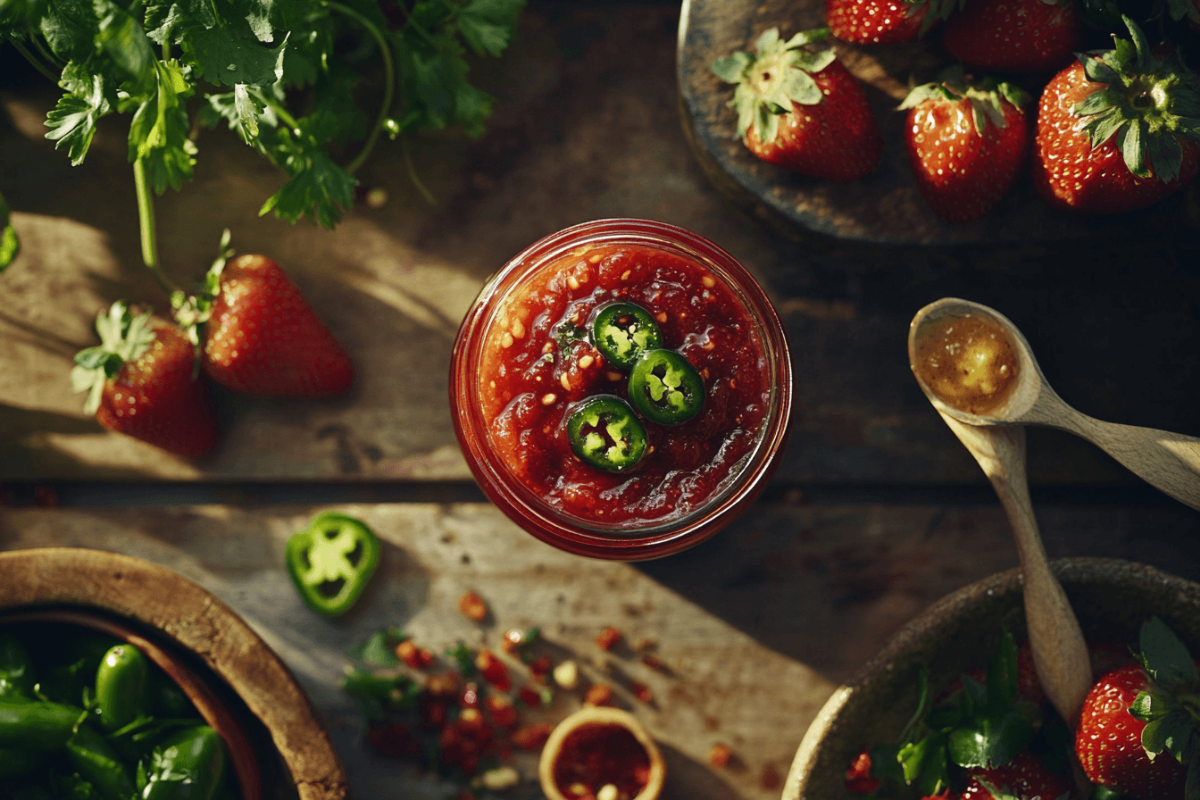 A jar of strawberry jalapeño jam surrounded by fresh strawberries and jalapeños on a rustic wooden table.