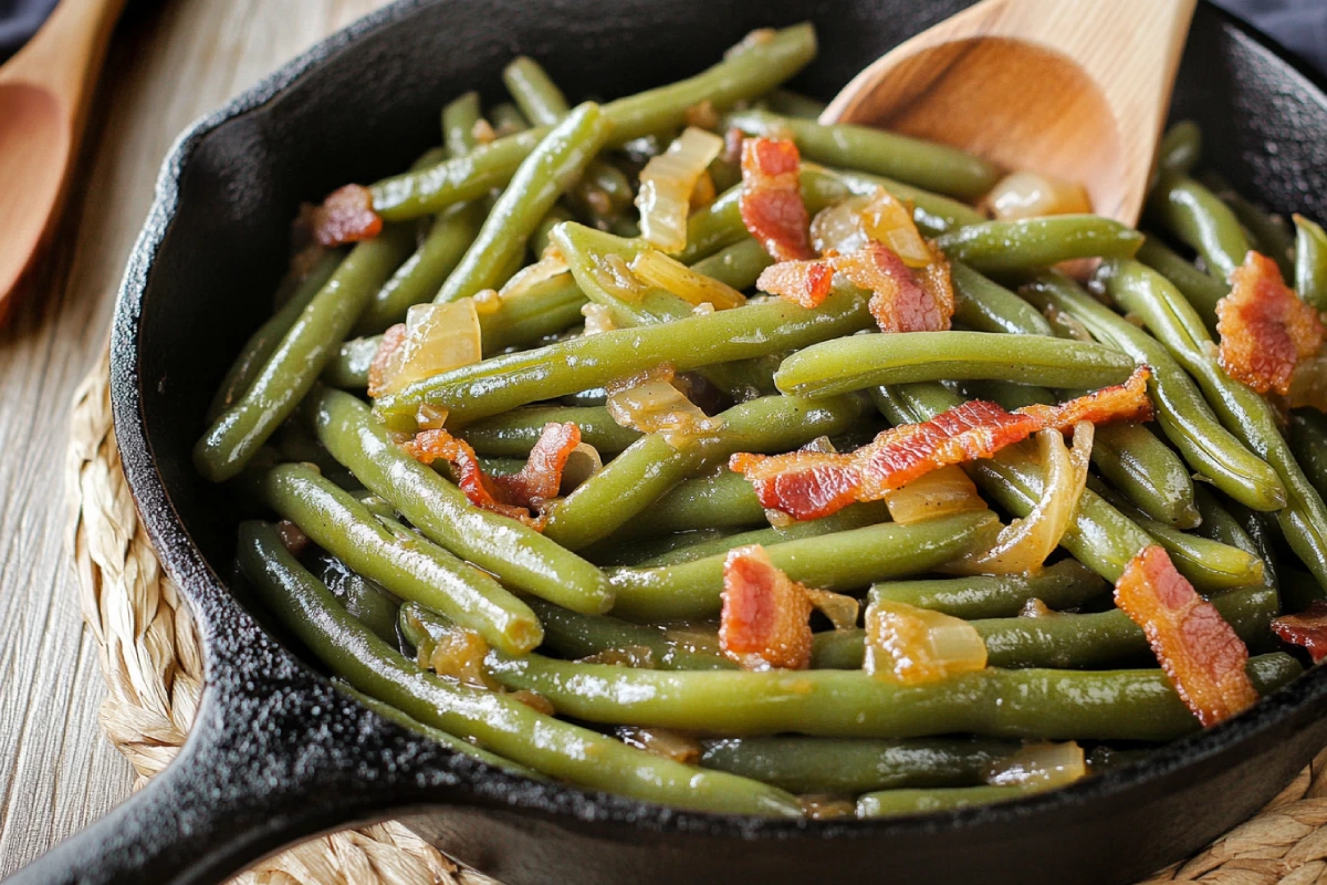 Texas Roadhouse Style Green Beans in a Cast Iron Skillet