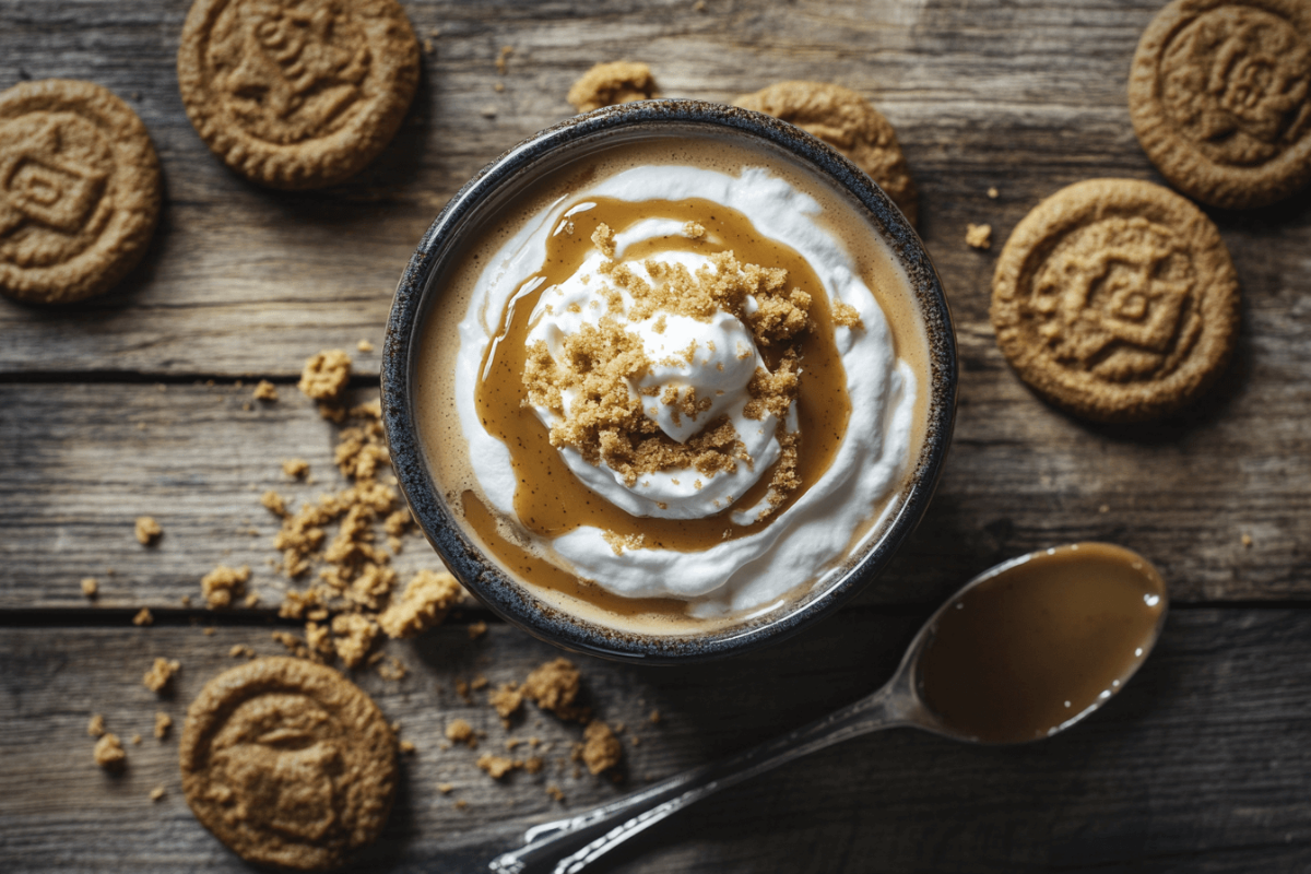 Creamy Cookie Butter Latte topped with whipped cream, cookie butter drizzle, and cookie crumbs on a rustic wooden table.