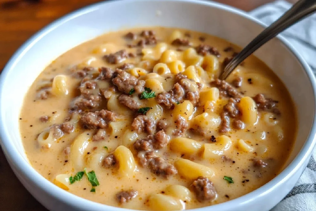 Cheeseburger Macaroni Soup in a Bowl