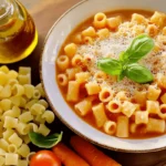 Flat-lay image of a bowl of steaming ditalini pasta soup garnished with basil and Parmesan, surrounded by raw pasta, tomatoes, carrots, and olive oil on a rustic wooden table.