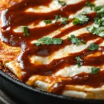 Cheesy beef enchilada casserole with fresh cilantro on top.