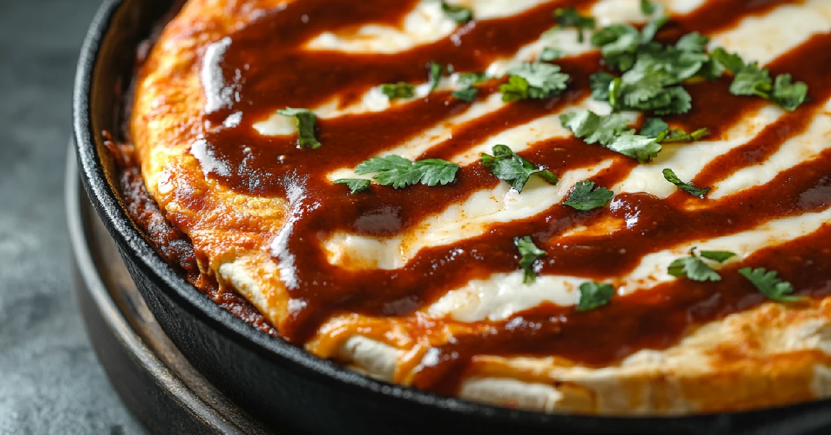 Cheesy beef enchilada casserole with fresh cilantro on top.