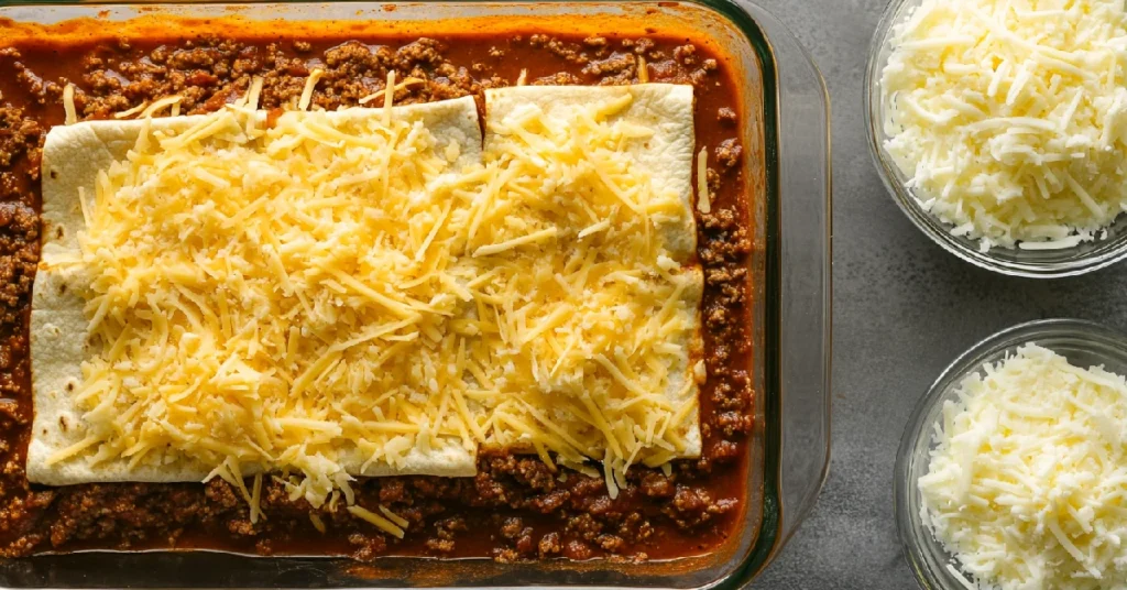 Layering tortillas, beef, and cheese for beef enchilada casserole.