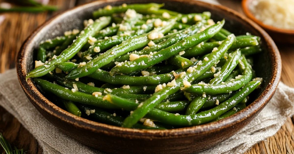 Seasoned green beans with garlic and Parmesan served in a bowl.