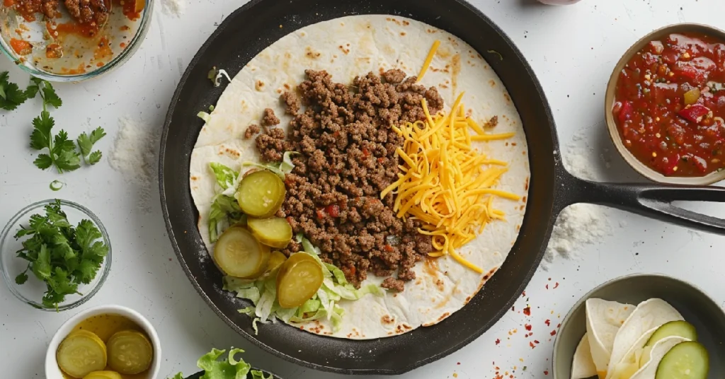 Step-by-step process of making Big Mac Wraps with beef, cheese, and toppings.