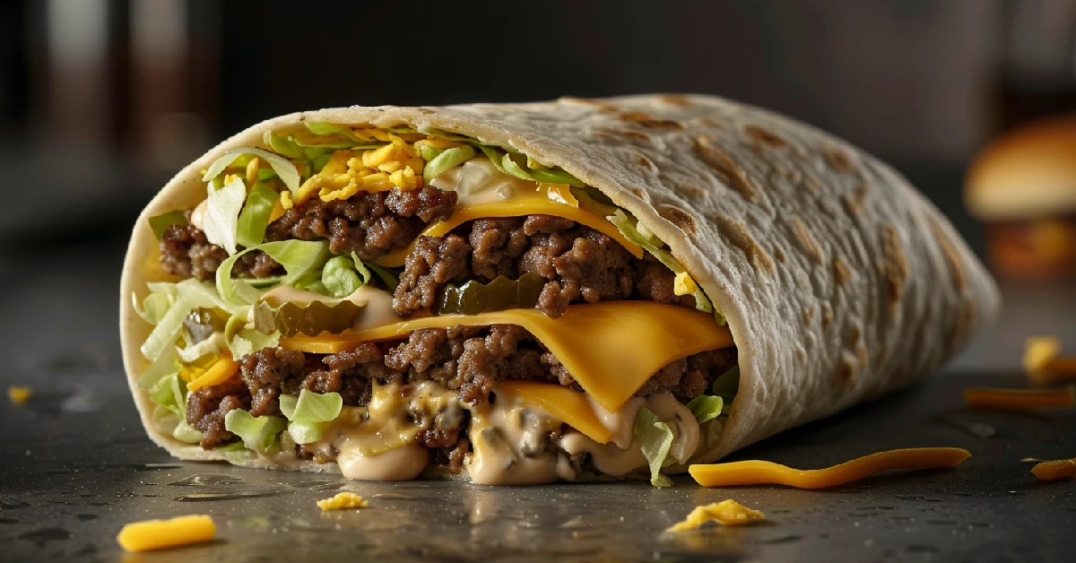 Big Mac Wrap with seasoned beef, lettuce, pickles, and sauce in a tortilla.