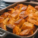 Freshly baked bread pudding cooling in a dish