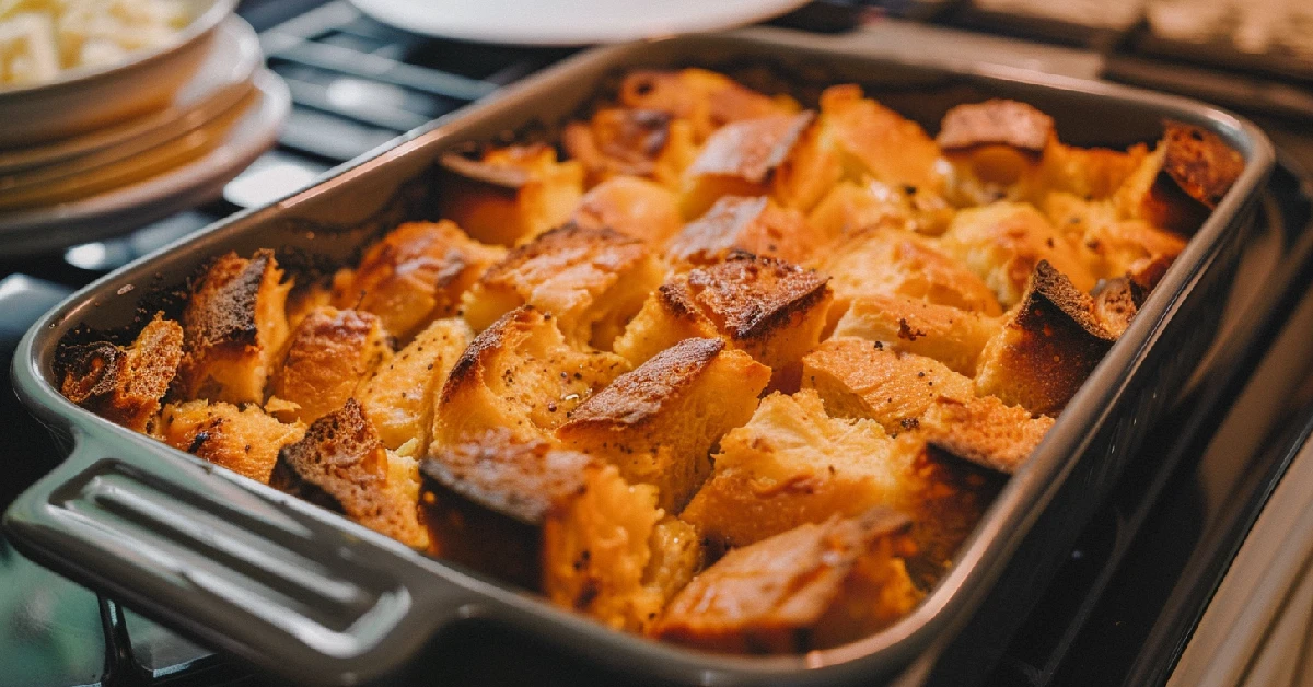 Freshly baked bread pudding cooling in a dish