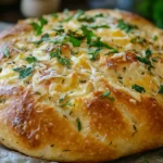 Italian Herbs and Cheese No-Knead Bread close-up with herbs and cheese